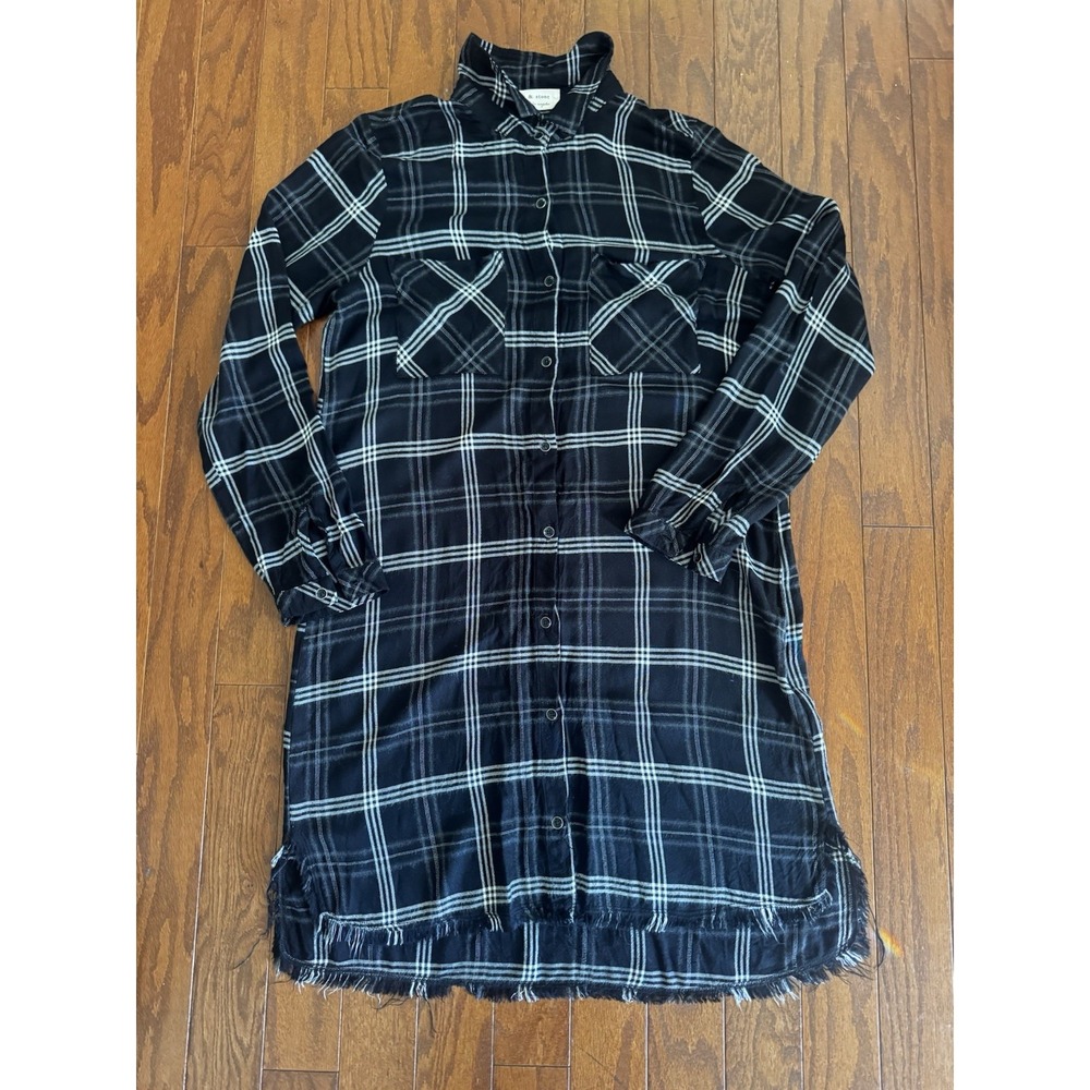 Cloth & Stone Plaid Shirt Dress Black White Button Front Frayed Hem Sz M Western